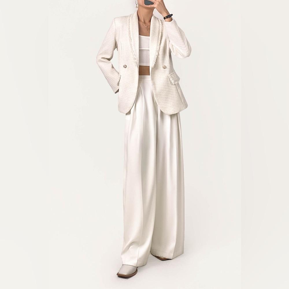 Ivory Half Elastic Pleat Detail Wide Leg Suit Pants